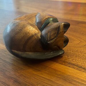 Vintage Wood Carved Wrapped Up Sleeping Cat Figure Statue 2” Tall